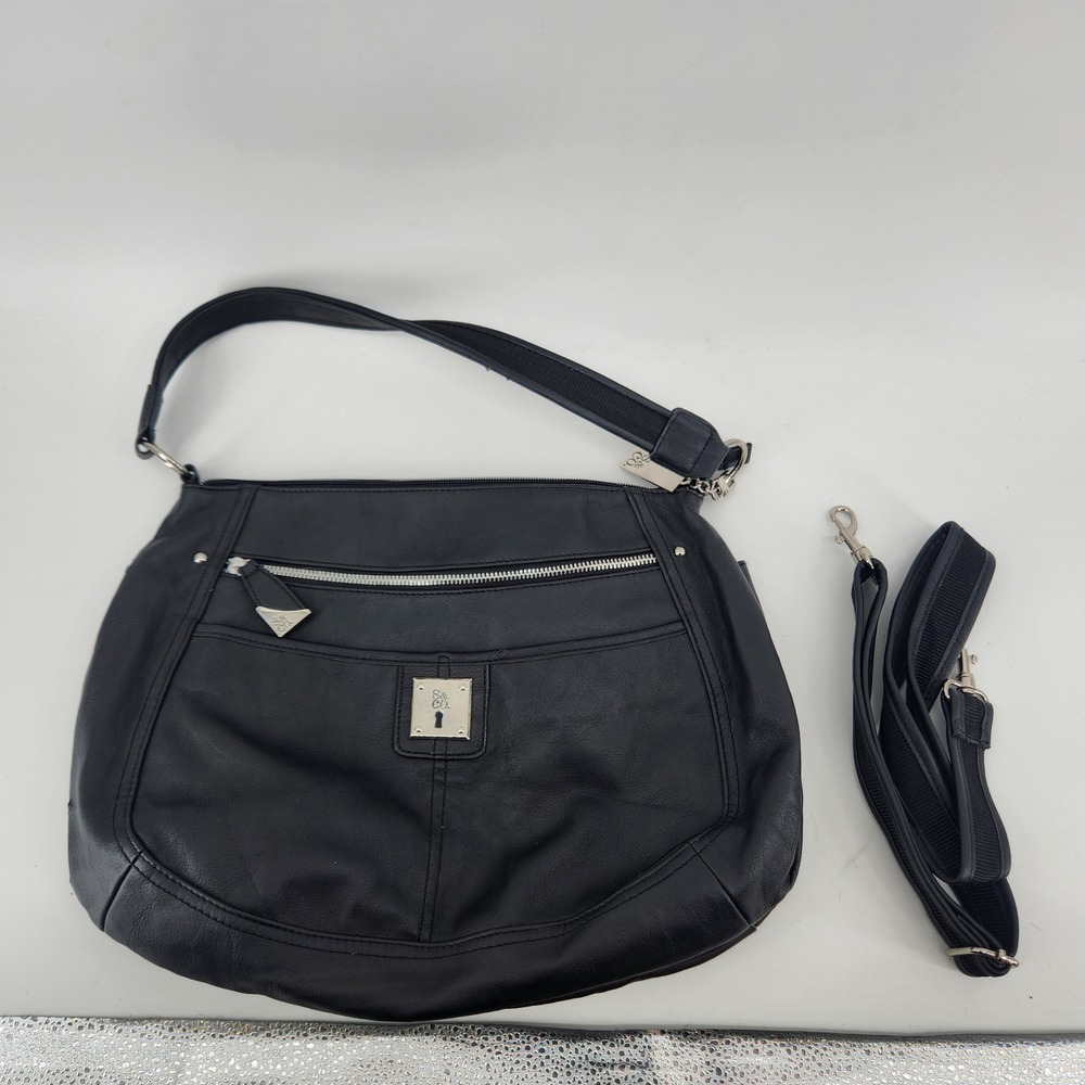 Style & Co Black Faux Leather Hobo Crossbody‎ Bag Silver Tone Hardware Womens